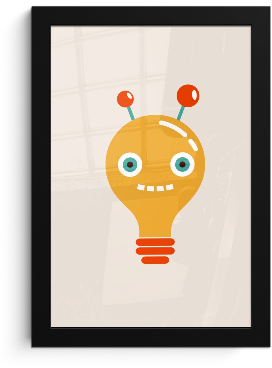 Poster in fotolijst kinderen - Robot - Gloeilamp - Gezicht - Antenne - Kinderkamer decorat