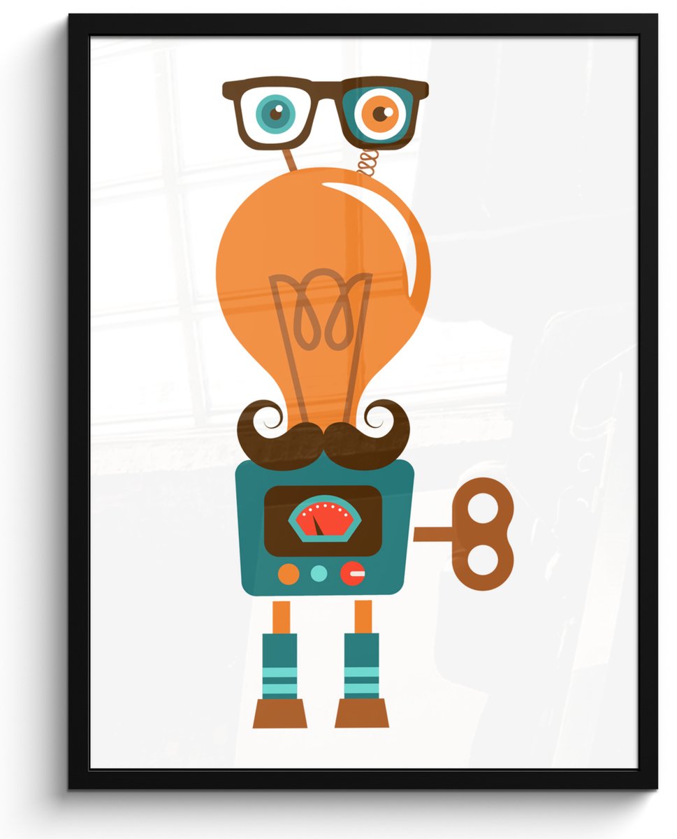 Poster in lijst - Fotolijst 60x80 cm - Posters - Robot - Bril - Gloeilamp - Snor - Kindere