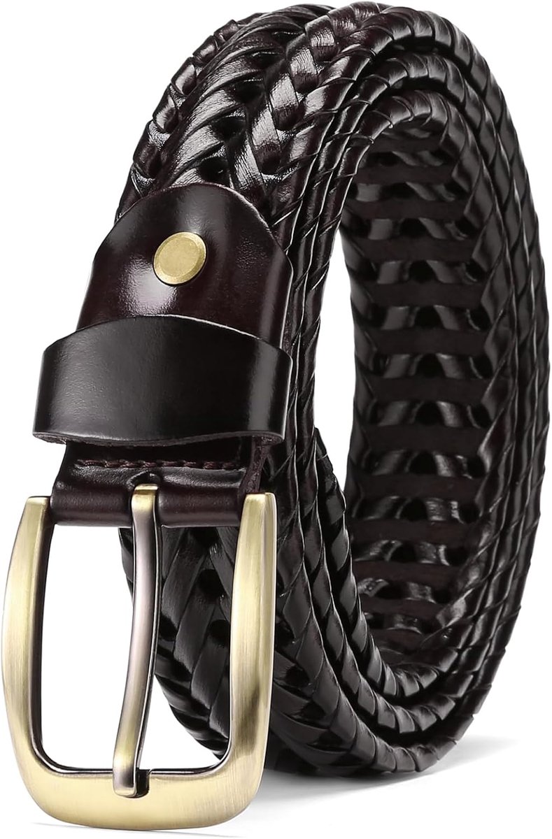 Herenriem, gevlochten riem, breedte 35 mm, voor heren, zonder gaten, veganistisch leer, voor ontspannen golfbroek en jeans met geschenkdoos