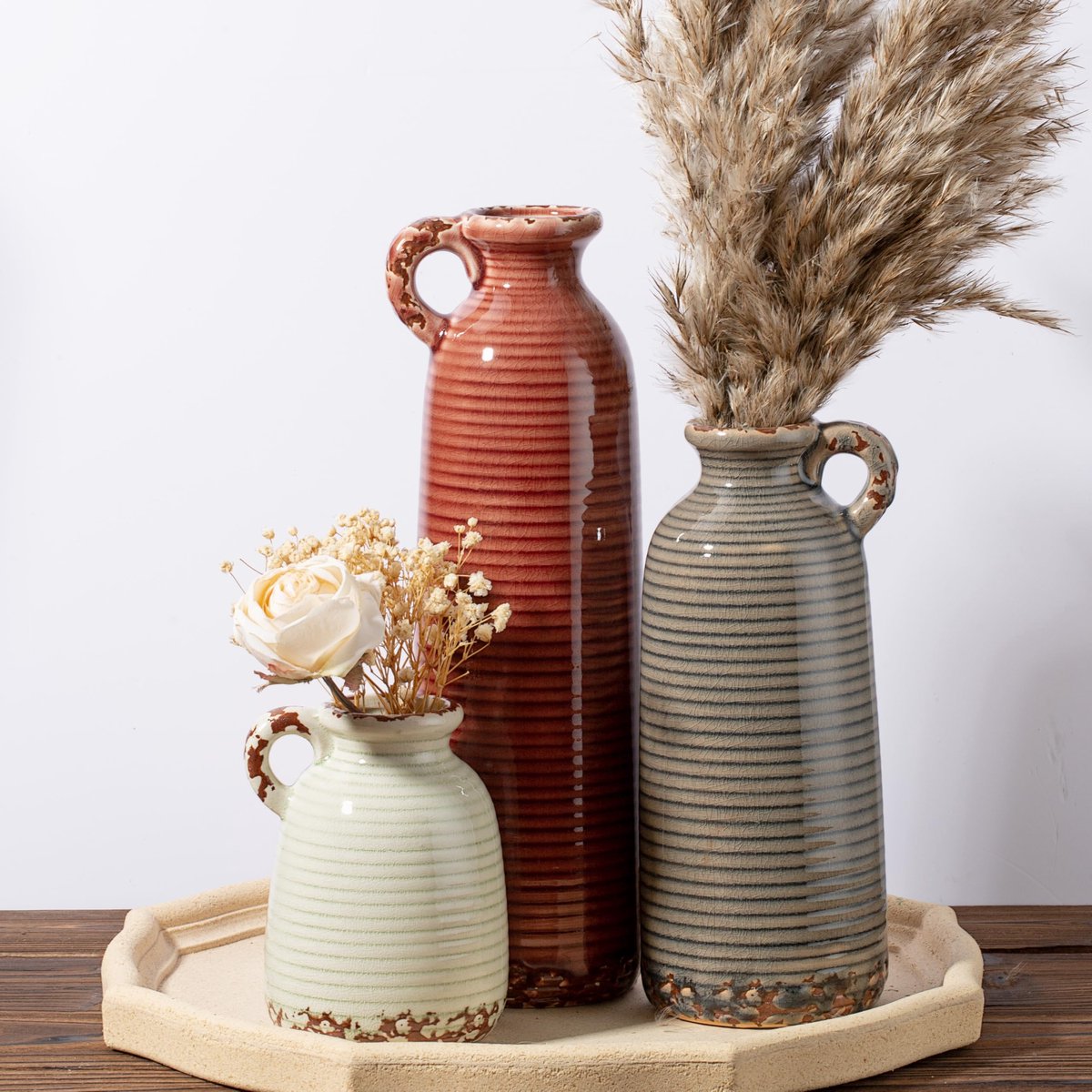 vazenset van 3 met handgrepen, bruine neutrale rustieke moderne boerderij, boho-decoratie, veelzijdig als tafelstuk of mantel en rek, uniek cadeau-idee voor thuis