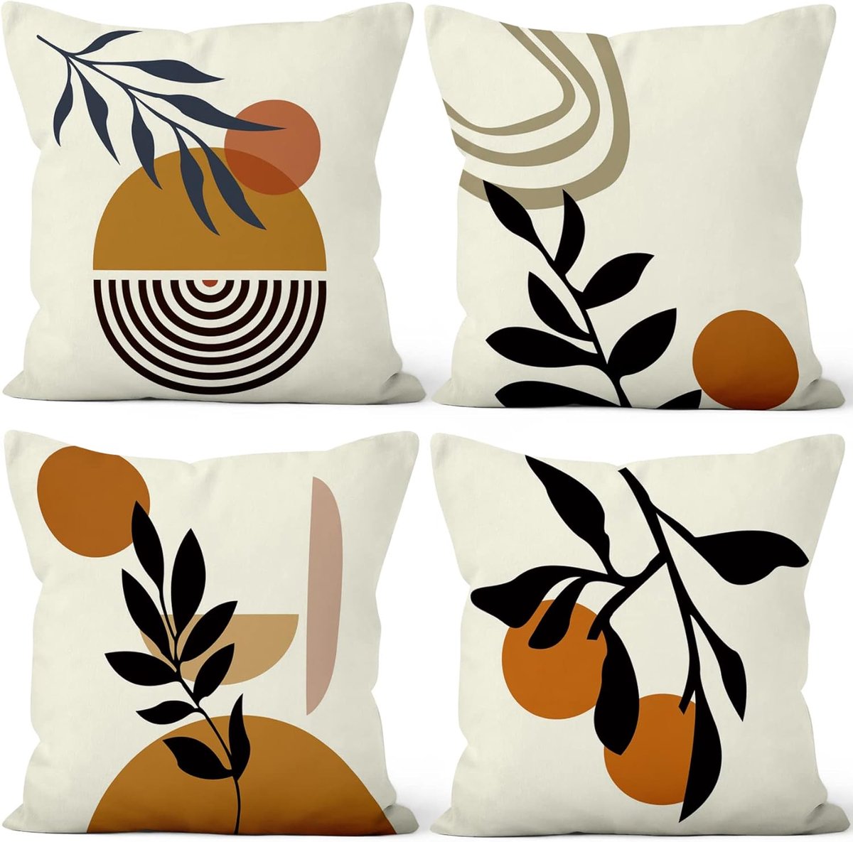 Kussenslopen Set van 4, Abstract Minimalistisch Sierkussen Zon en Maan Zwart Bladeren Zachte Korte Pluche Vierkante Kussensloop voor Sofa Bank Slaapkamer Autostoel Home Decor 18"x18"
