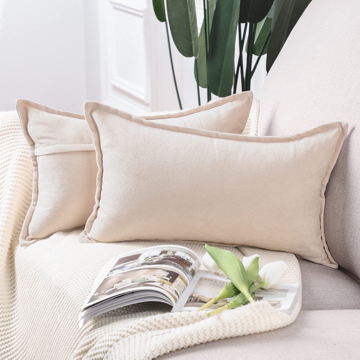 Set van 2 korte Chenille kussenslopen zacht decoratief kussenhoes voor sofa slaapkamer kussensloop 30x50 cm Beige