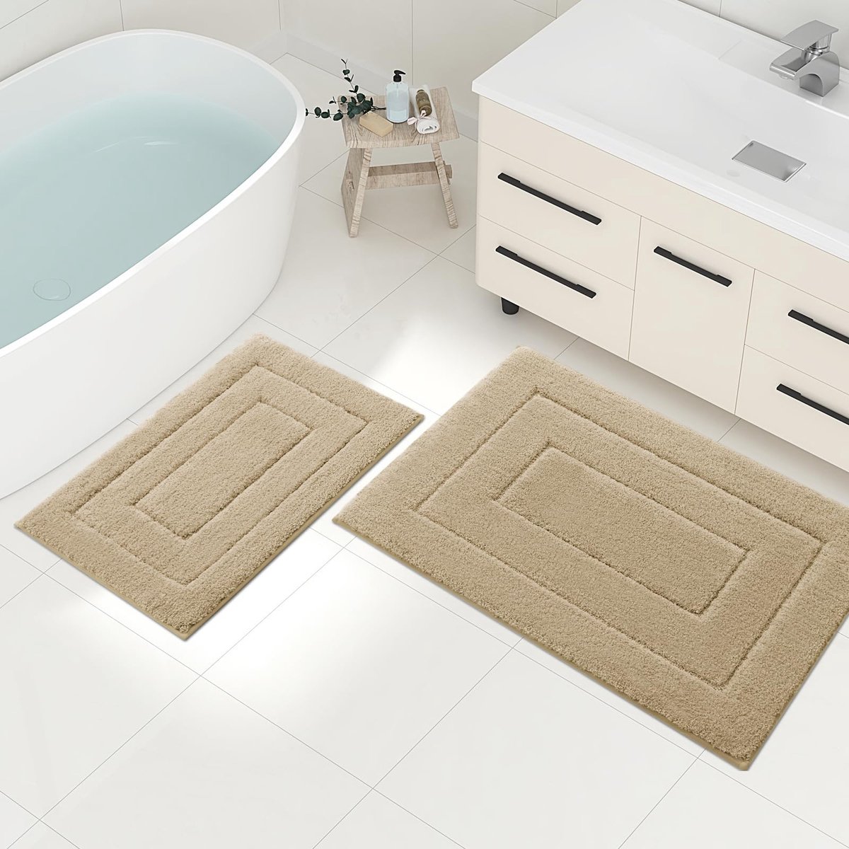 Microvezel Badkamertapijt Set, 2-Delig, Antislip, Wasbaar, Zachte Waterabsorberende Badmat Voor Badkamer, 40 x 60 cm + 50 x 76 cm, Beige
