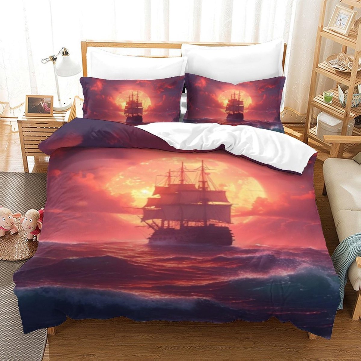 Dekbedovertrekset, zeilboot, dekbedovertrek met kussenslopen, dekbedovertrek voor dames en heren, kinderkamer, logeerkamer, kingsize (220 x 240 cm)
