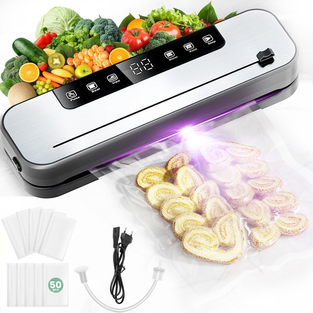 SolidKeus - 6-in-1 Vacuum Sealer met 50 Zakjes en Slang