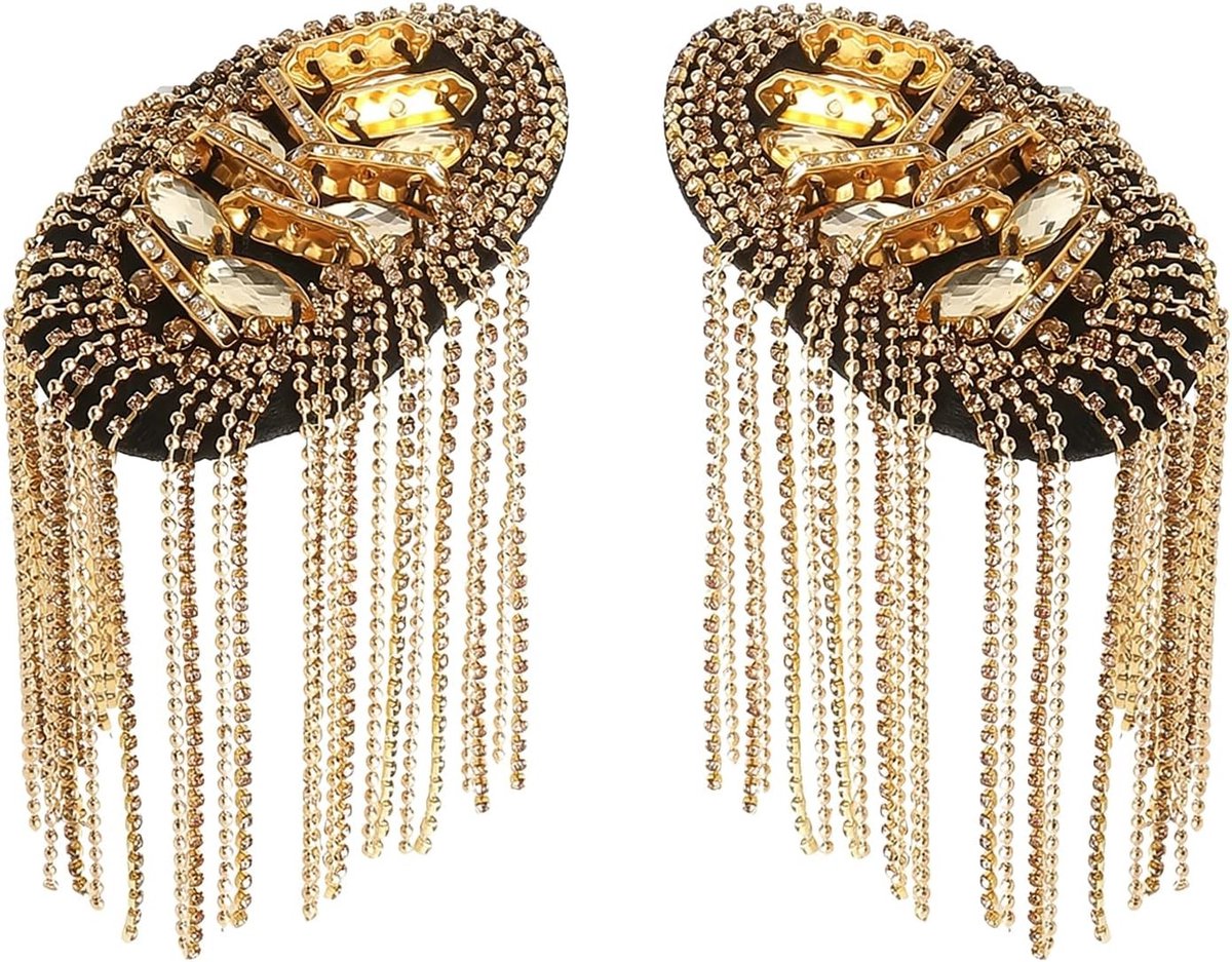 Schouderkleppen met franjes en strass voor carnaval, kostuum en podiumjas - 18 cm gouden epauletten