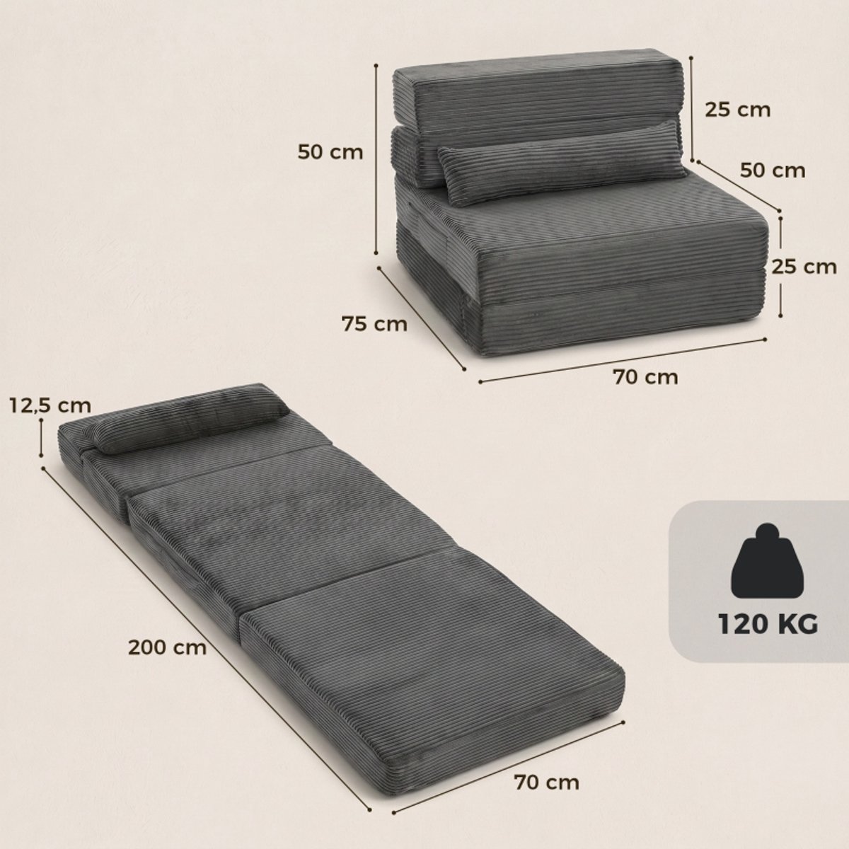 COVREO Bodemstoel met rugleuning 70 cm donkergrijs ribstof, opvouwbaar