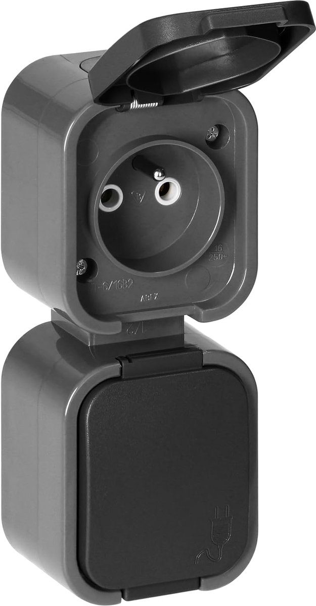 Opbouw Stopcontact 2x2P+T Verticaal Spatwaterdicht Met Klep - IP54, 16A 250V Stopcontact Opbouw Voor Binnen En Buiten Contactdoos van het Franse type (grijs zwart)