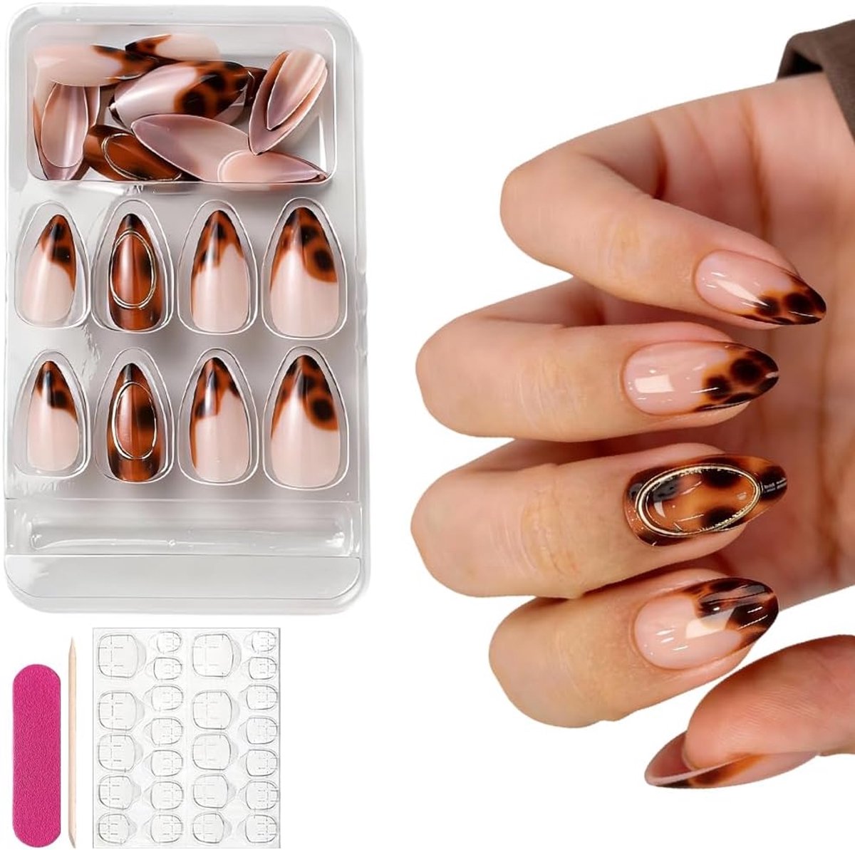 Craspire 24 stuks kunstvingernagels in schildpadlook met luipaardpatroon, middelgroot, amandelvormig met 3D-versiering, herfst, Franse tip, herbruikbaar, bruin, met volledige afdekking