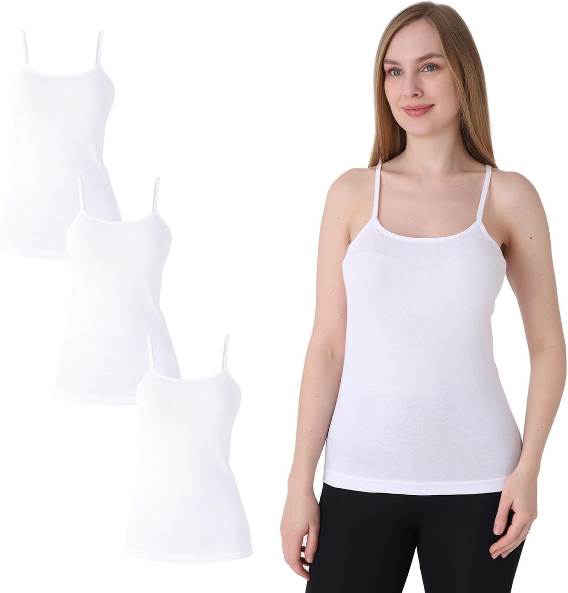 Onderhemd voor dames, verpakking van 3 stuks, 100% katoen, spaghettibandjes, zacht, ademend, ondershirt voor dagelijks gebruik, vrije tijd en homewear