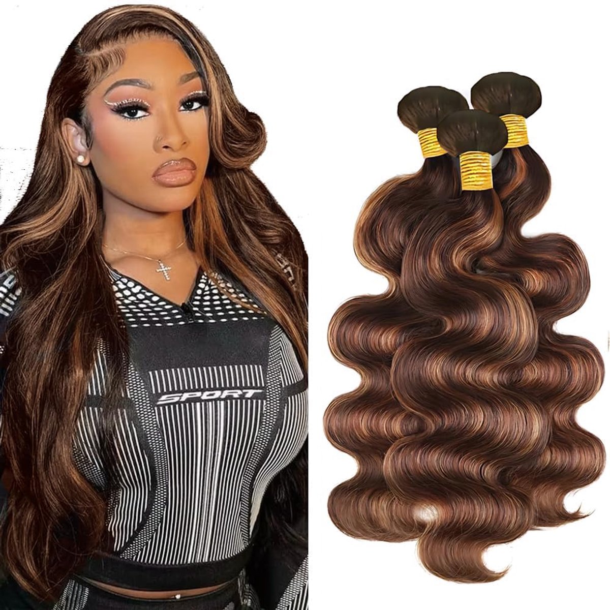 Wave Bundles Human Hair Highlight Brown Haarverlenging Unprocessed Double Weft Weave Brazilian Remy Virgin Human Hair Extension 100g/bundle Total 300g 16 18 20 Inch