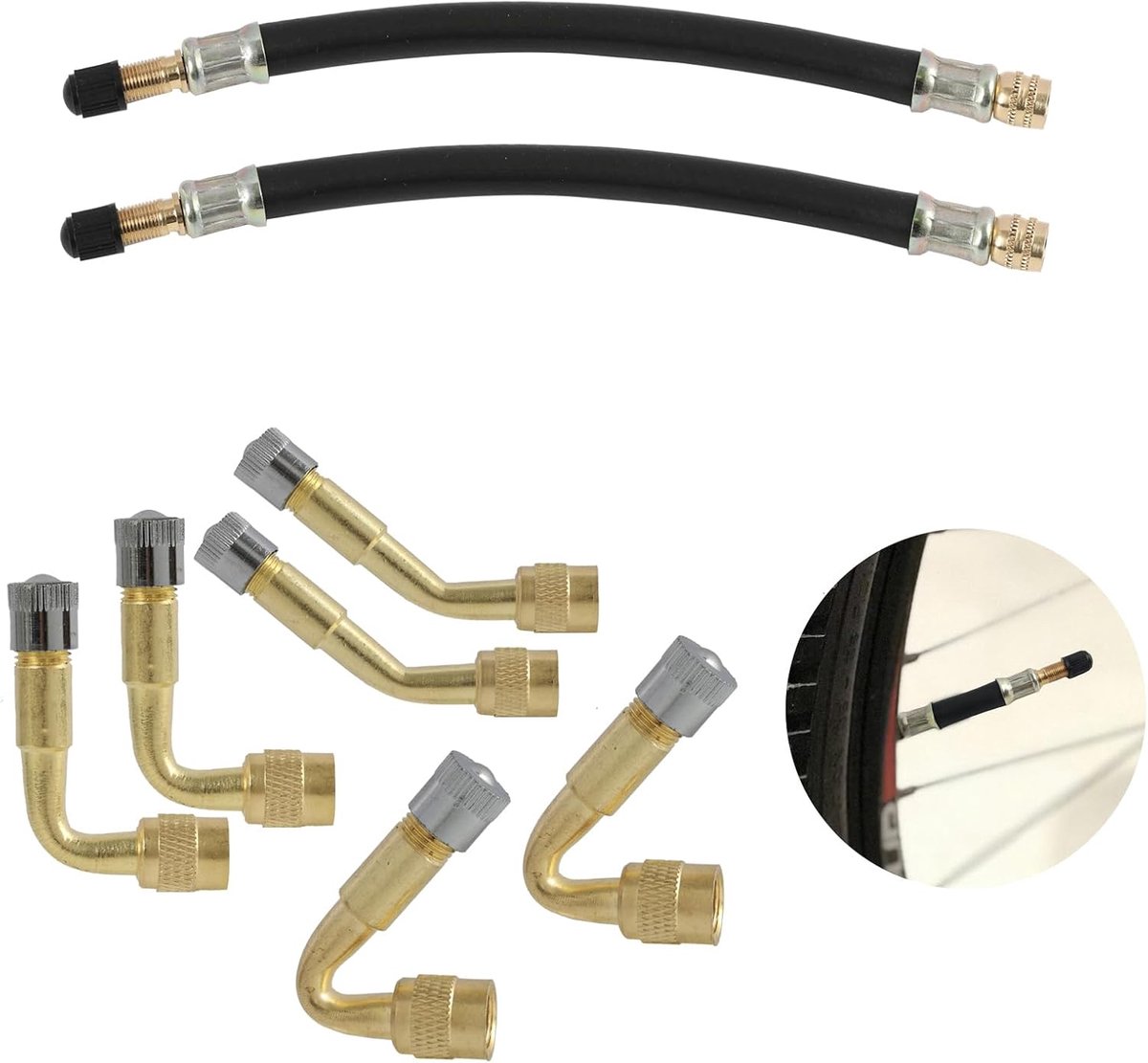 4 stuks ventielverlenging adapter (90° + 100 mm), rubber en messing, ventielverlenging voor auto, motorfiets, scooter, hitte- en corrosiebestendig (45 graden, 90 graden, 135 °, 180)