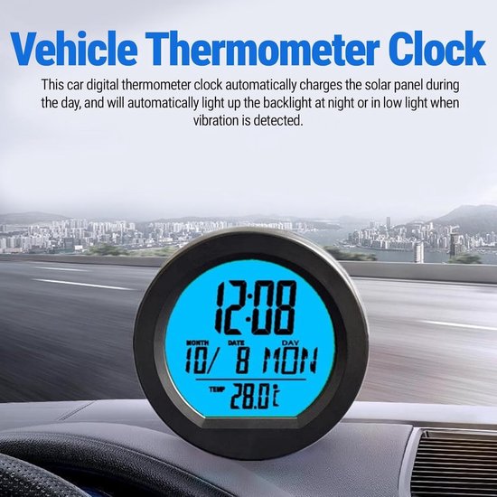 Auto-klokthermometer, 13 x 10 cm, auto-dashboardthermometer, werkt op zonne-energie, mini-auto-zonne-klok met groot lcd-display, voor thuis, auto, kantoor, hotel — afbeelding 2