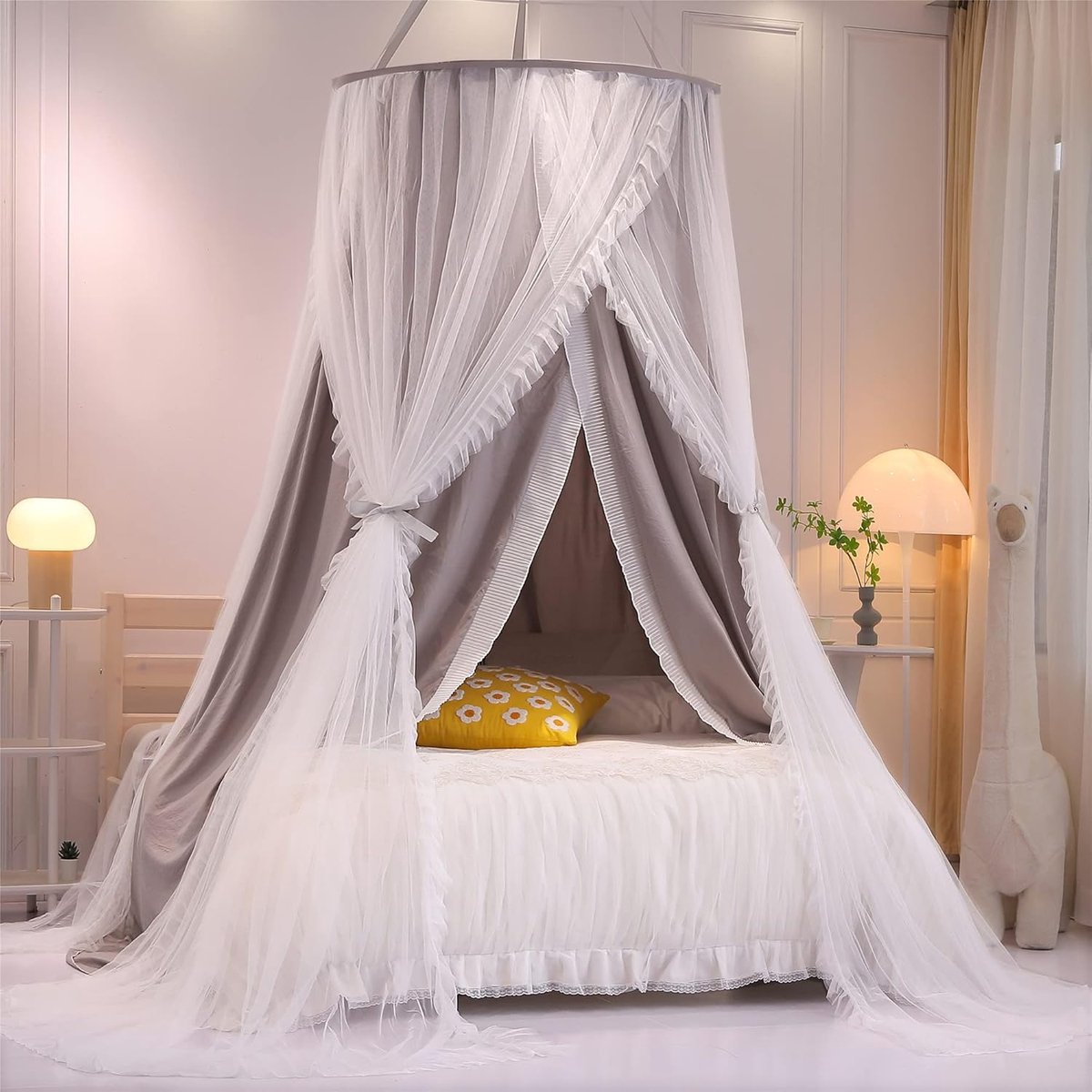 Laagse Ronde Koepel Hemelbed voor Prinses Bedtent voor Meisjes en Kinderen Dromerig Muskietennet Schattige Decoratie voor Slaapkamer Speelkasteel Leeshoek(grijs/wit)