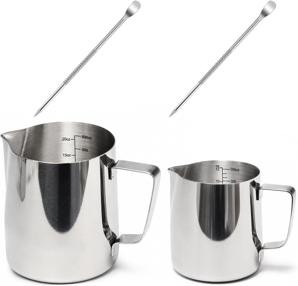 2pcs Milk Frothing Pitchers Stainless Steel Espresso Steaming Pitchers 350ml+600ml Coffee Milk Jug Set with Measurement Mark,Latte Art Pen Milk Frothing Jug for Latte Art,Cappuccino,Home Use