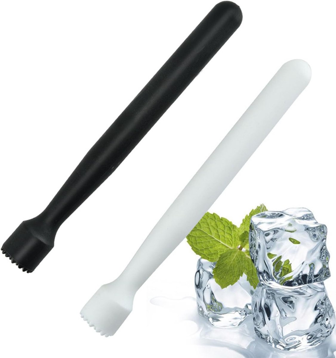 2 stuks IJshakmolen, kruidenstamper, kunststof cocktailstamper, Mojito stamper, ijshmalingsstaaf, geschikt voor bars, feesten, thuis (zwart + wit)