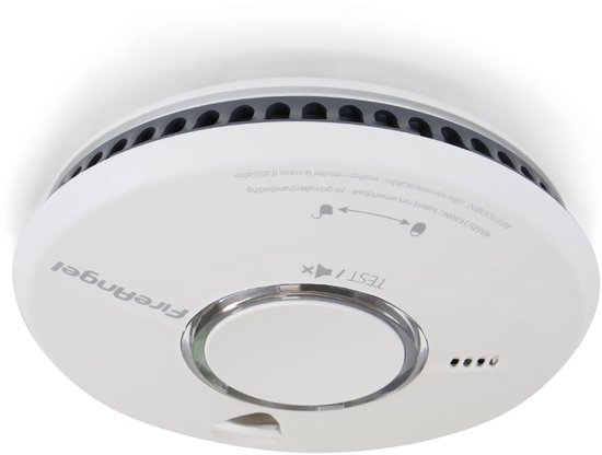 Witte FireAngel rookmelder met cirkelvormig testknopje en indicatielampjes.