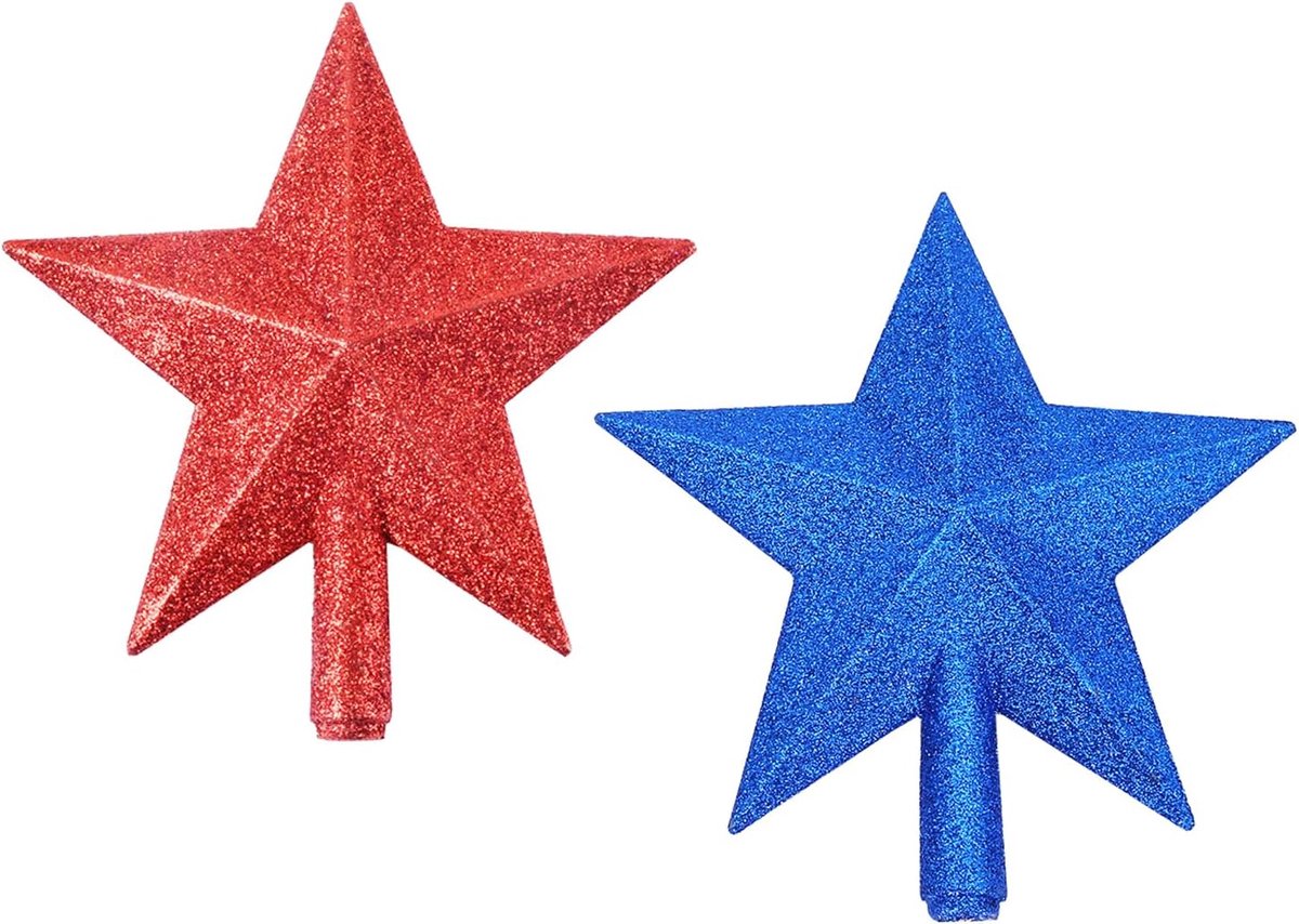 2-pack Glitterde Kleine Kerstboom Topper Kerst Mini Ster Boomtop voor Kleine Kerstboomdecoraties, Rood en Blauw