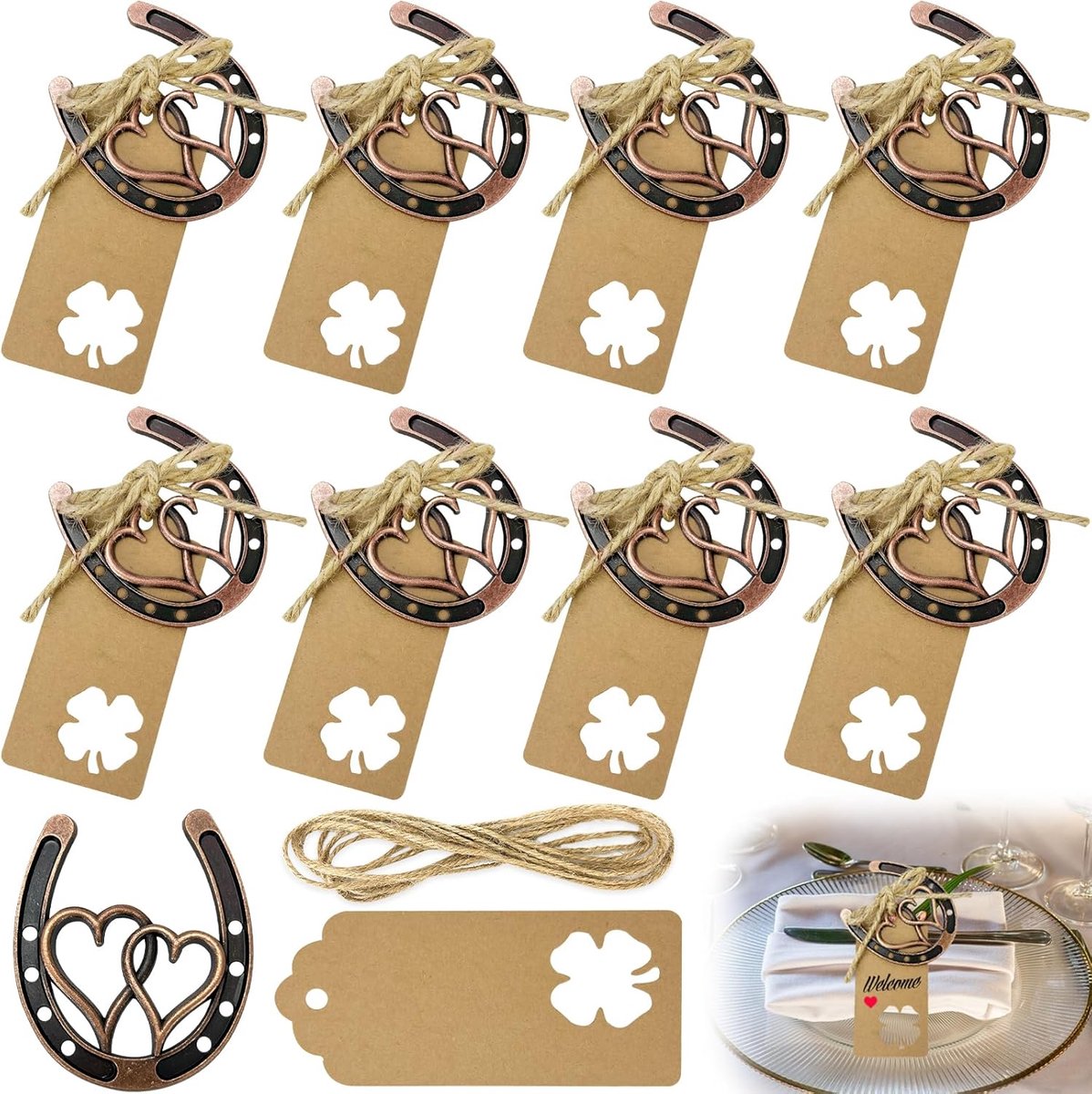 8 Sets Decoratieve Gietijzeren Hoefijzer, Hoefijzer Harten met 9.5*4.5cm Kartonnen Kaart en 240*0.2cm String, Hart Lucky Hoefijzer Decoraties, Hoefijzer Uitsnede voor Bruiloft Verjaardag Deur Muur