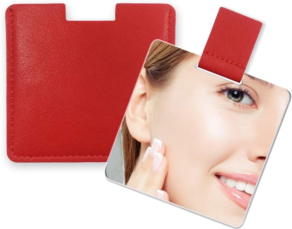 Zakspiegel, onbreekbaar roestvrij staal, met PU-lederen tas, gemakkelijk te dragen, licht en geschikt voor make-up, kamperen, reizen (rood)