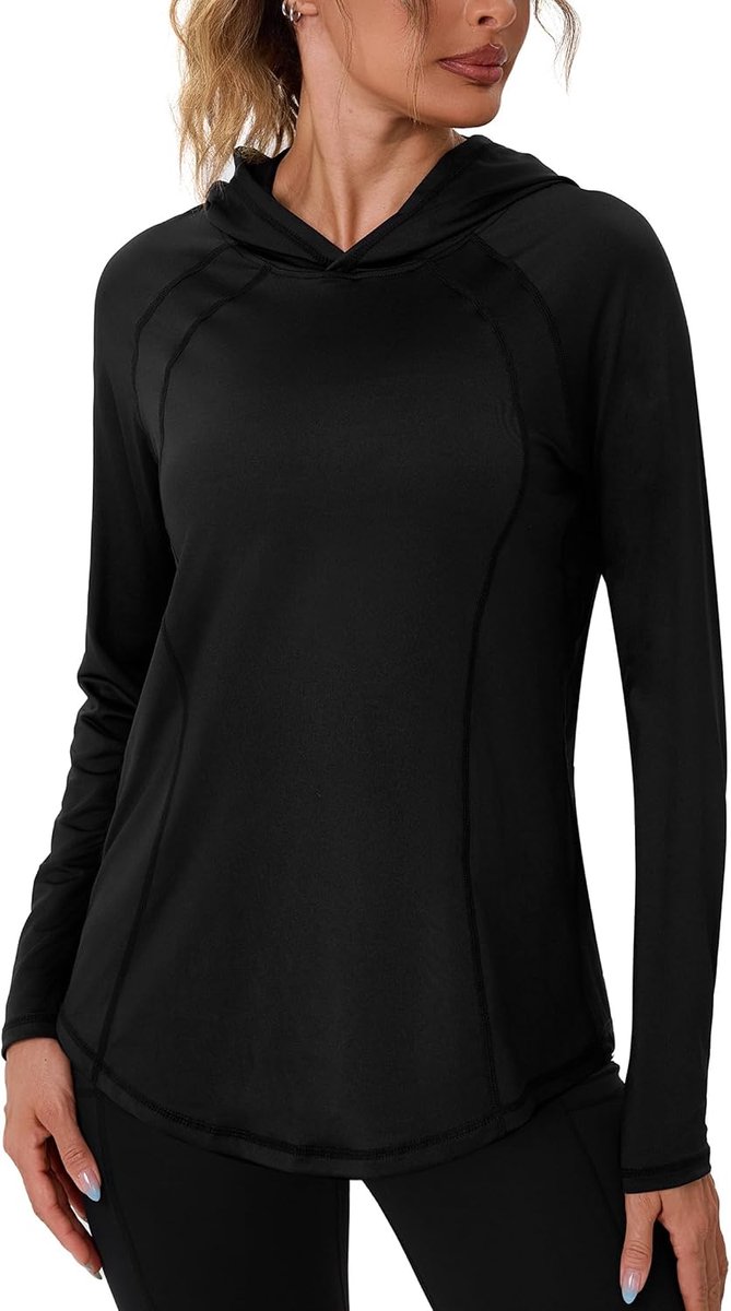 UV-werend T-shirt met capuchon voor dames, UPF 50+, joggingtop, lange mouwen, sneldrogend, hardlopen, wandelen