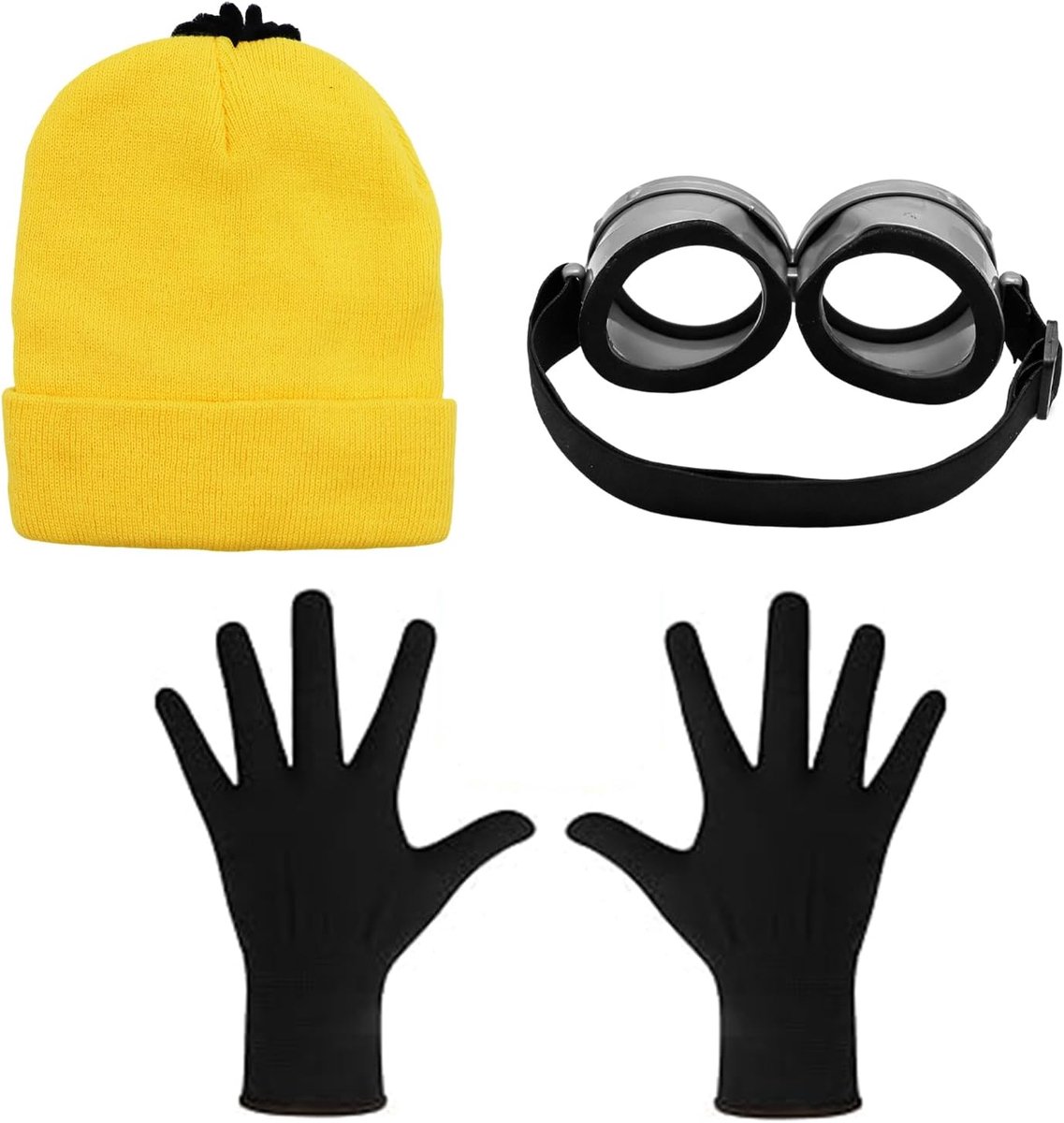 3-delige Halloween-kostuumaccessoires voor volwassenen, verkleedkleding met hoeden, steampunk-bril, zwarte handschoenen, gele muts, cosplay verkleedkleding, leuke outfit, grappige jurk
