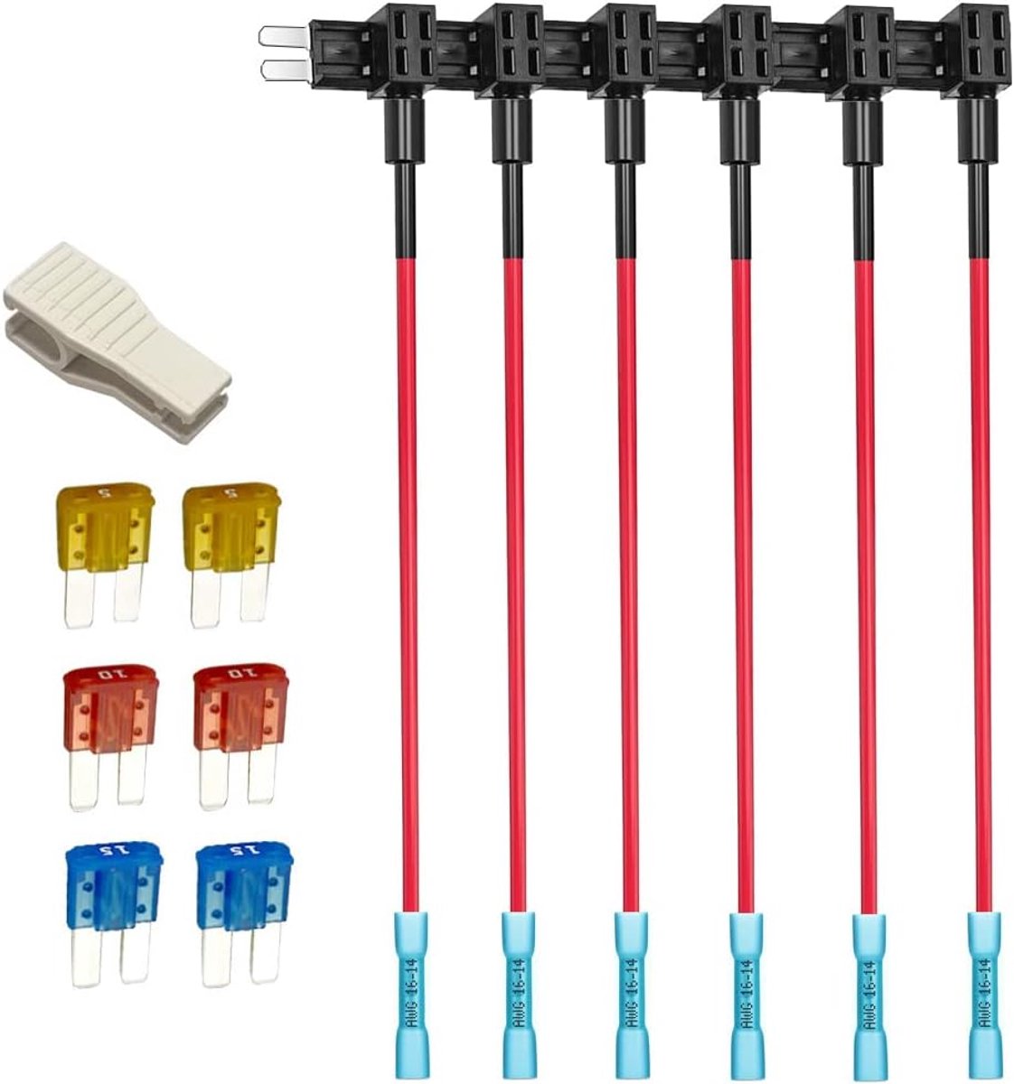 6stuks 12V 24V Add-a-Circuit Micro 2 Zekeringkraan met Krimpkousen, Piggy Back Blade Zekeringhouder met Kabelboom, 6stuks Micro 2 Zekeringen (5A/10A/15A) en Zekeringtrekker