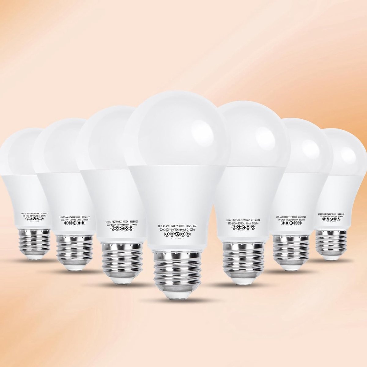Gloeilamp A60 E27 lamphouder, 10W=131W, Warm wit licht 3000K,2100 lumen, Set van 7.
