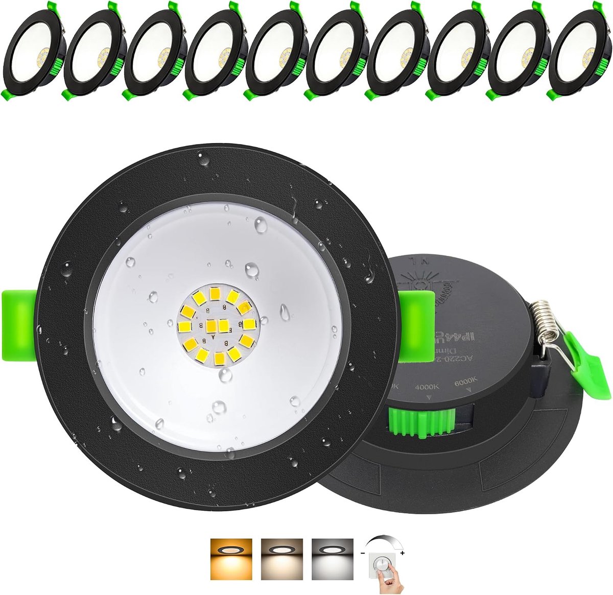 Inbouwspot Dimbaar 230V, 6W 750LM LED Spots Ultraplat, Inbouwlampen Warmwit Neutraal Wit Koudwit, IP44 Plafondspots Voor Badkamer Woonkamer, Plafondlamp Gatmaat 75-85mm, Zwart Set Van 10