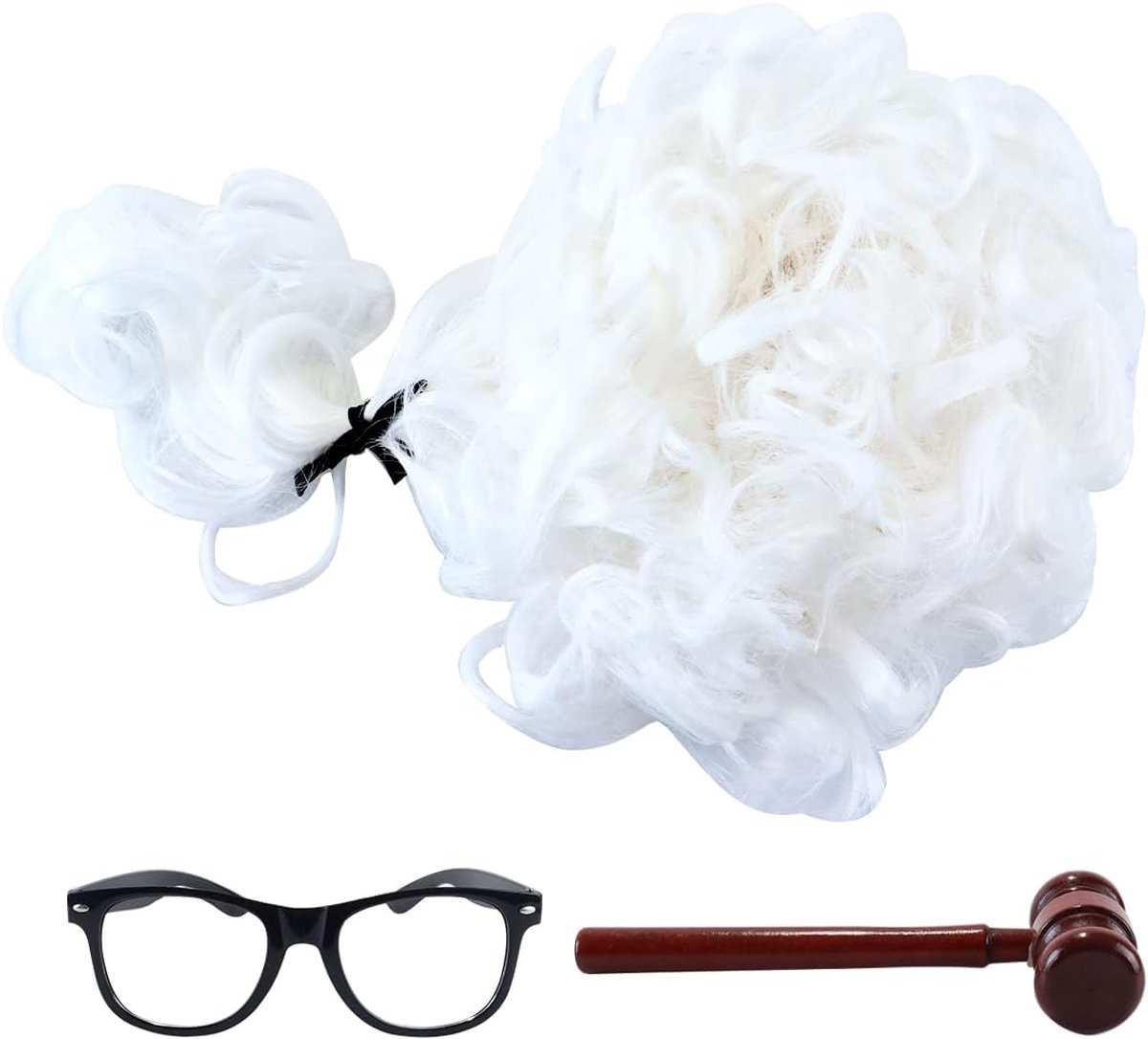 3 stuks rechter kostuumaccessoires, rechter houten hamer zwarte bril en pruiken met vlecht, cosplay gentleman advocaat pruik (wit)