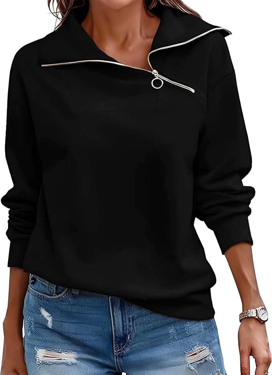 Pullover Dames Sweatshirt Herfst Kwart Ritssluiting Lange Mouwen Staande Kraag Pullover Losse Effen Casual Tops Dames | herfst, winter, lente, opstaande kraag, V-hals, casual, elegant, ritssluiting, pure kleur, basic, mode, klassiekers