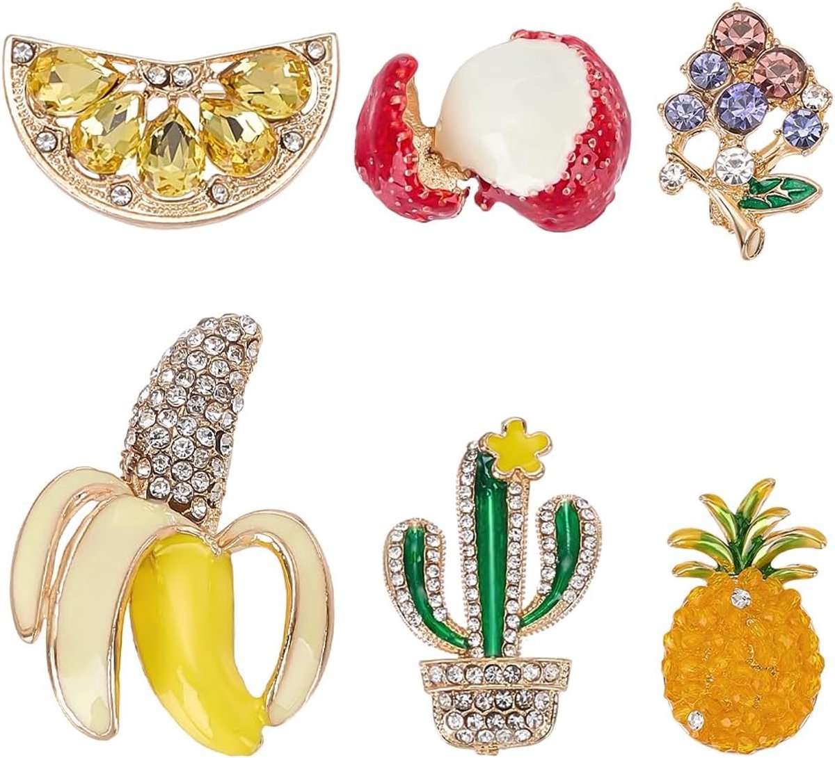 PandaHall 6 stuks aardbei strass steentjes fruit broche broche broche 6 stijlen fruit thema emaille pin citroen broches reversspelden voor kleding vrouw mannen party corsage accessoires cadeau