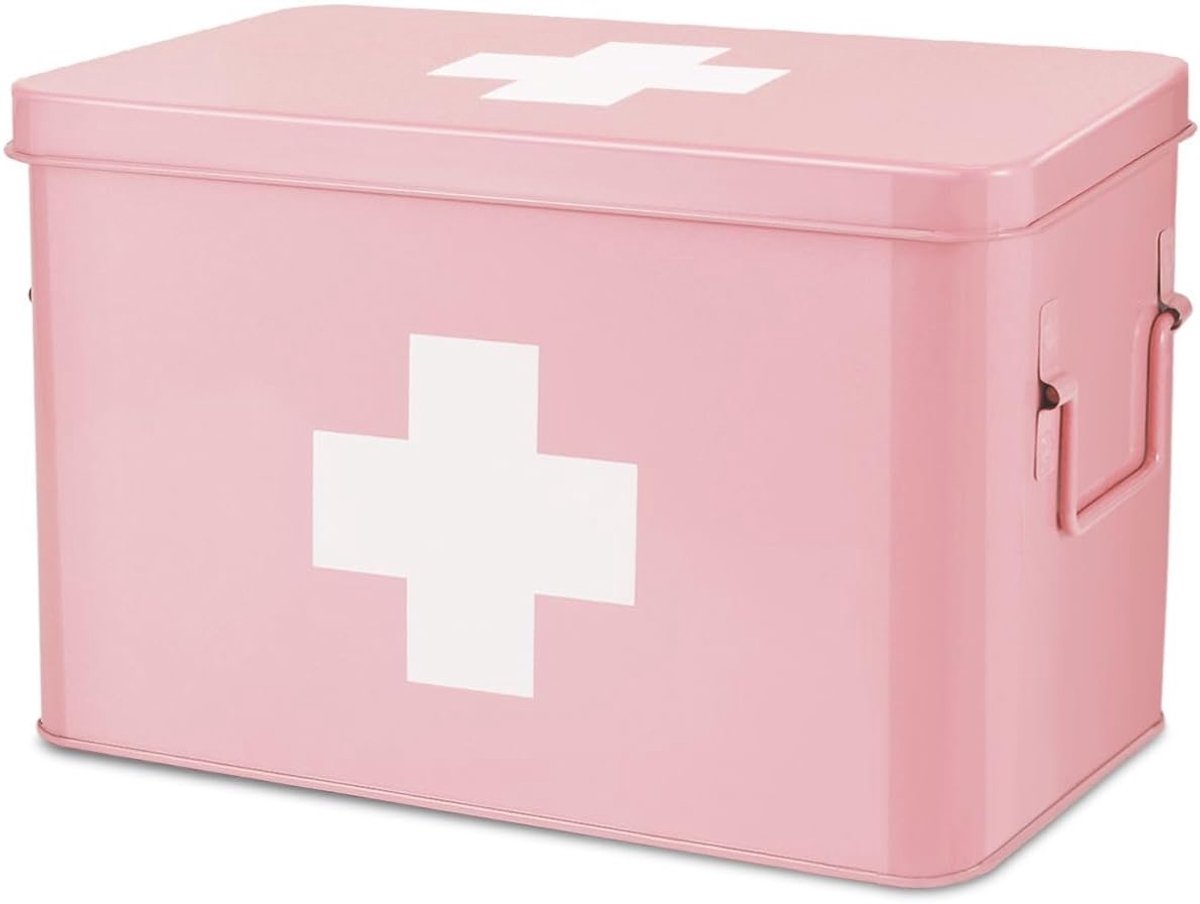Medicijnbox, huisapotheekbox, apotheekbox, 31 x 21 x 19 cm, medicijnenopbergdoos van metaal voor noodgevallen, EHBO-kast, met zijhandgrepen, afneembaar dienblad en 5 vakken, roze