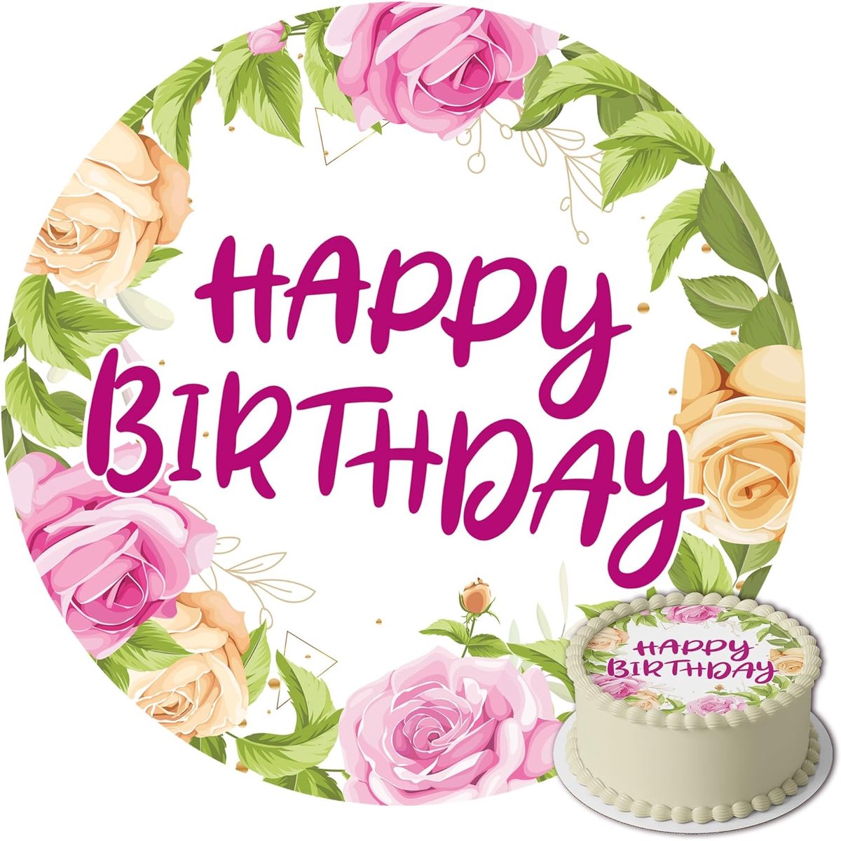 Eetbare Taartdecoratie Verjaardag Happy Birthday - Verjaardag Decoratie - Eetbare Overlay - Taart Decoratie - Rond 20 cm - Taartdecoratie Eetbaar - Cake Birthday Decoration