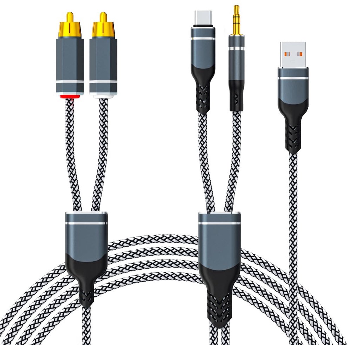 USB C naar 2 RCA-audiokabel, 3,5 mm 1/8 inch jack naar RCA-stekker, adapter stereo, met USB-oplaadfunctie voor auto, luidspreker, versterker, subwoofer, thuisbioscoop en hifi, 2 m