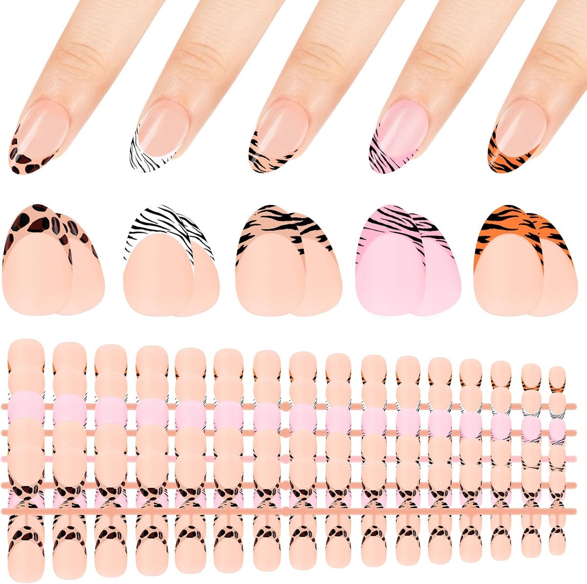 160 stuks French Press on Nails, 16 maten nagels om op te plakken Almond Soft Gel Fake Nails 5 kleuren kunstnagels voor dames nagelverlenging (luipaard patroon)