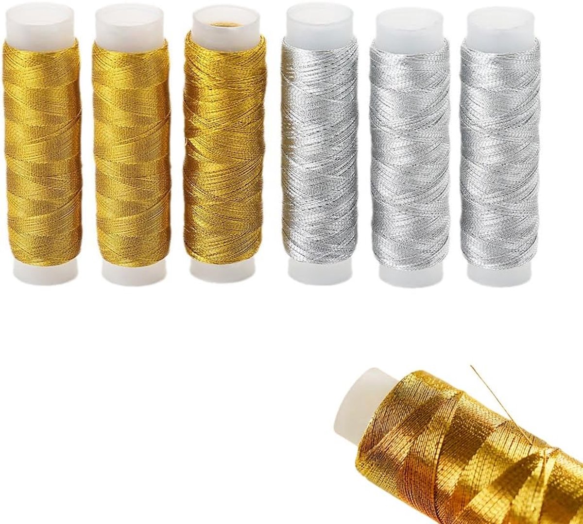 6-delige kleine spoelen metalen borduurgaren set - 200m/spoel glanzend goud en zilver borduurgaren voor kruissteek, handgemaakte doe-het-zelf en creatieve decoratieve stiksels (totaal 1200 m).