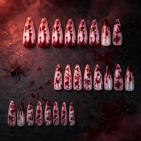 On Nails Lang, Stiletto Halloween Wit Rood Snede Bloed Druppel Horror Creepy Nep Nagels met Nagellijm, Rode Vampier Bloed Eng Kunstmatige Vingernagels — afbeelding 2