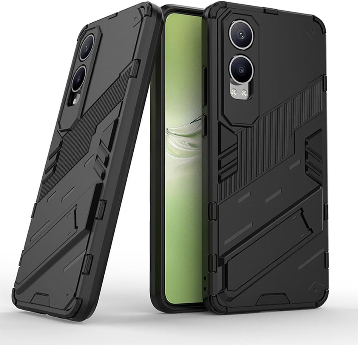 Hoesje voor OnePlus Nord CE 4 Lite 5G, ultradunne beschermende siliconen TPU schokbestendig hybride harde PC achterkant telefoonhoes, met opvouwbare verborgen vormbeugel, zwart