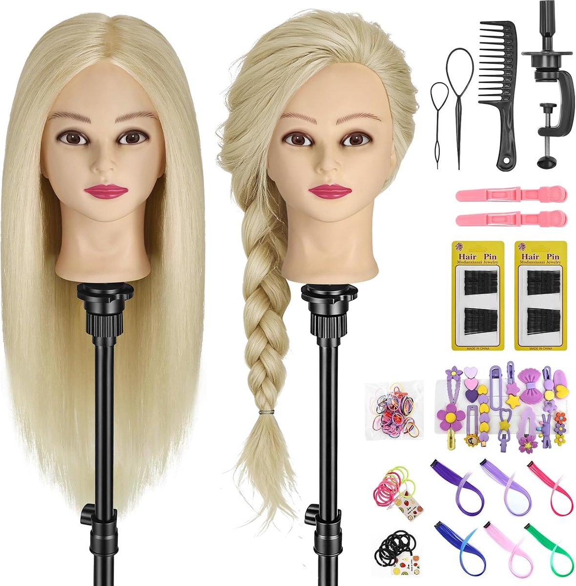 Kaphoofd 80% echt haar, oefenhoofd 60 cm kappershoofd, trainingshoofd voor kappers voor styling en kapperspraktijk met tafelhouder + doe-het-zelf haarkapselset (lichtbeige)
