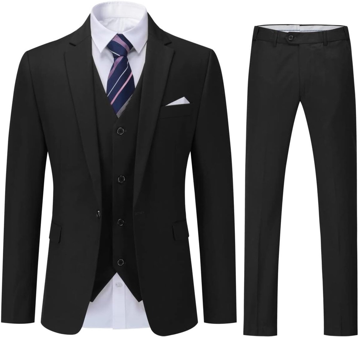 3-delig pak voor heren, slim fit, formeel pak, 1 knoop, herenpak voor zakelijk en bruiloft, zwart, S