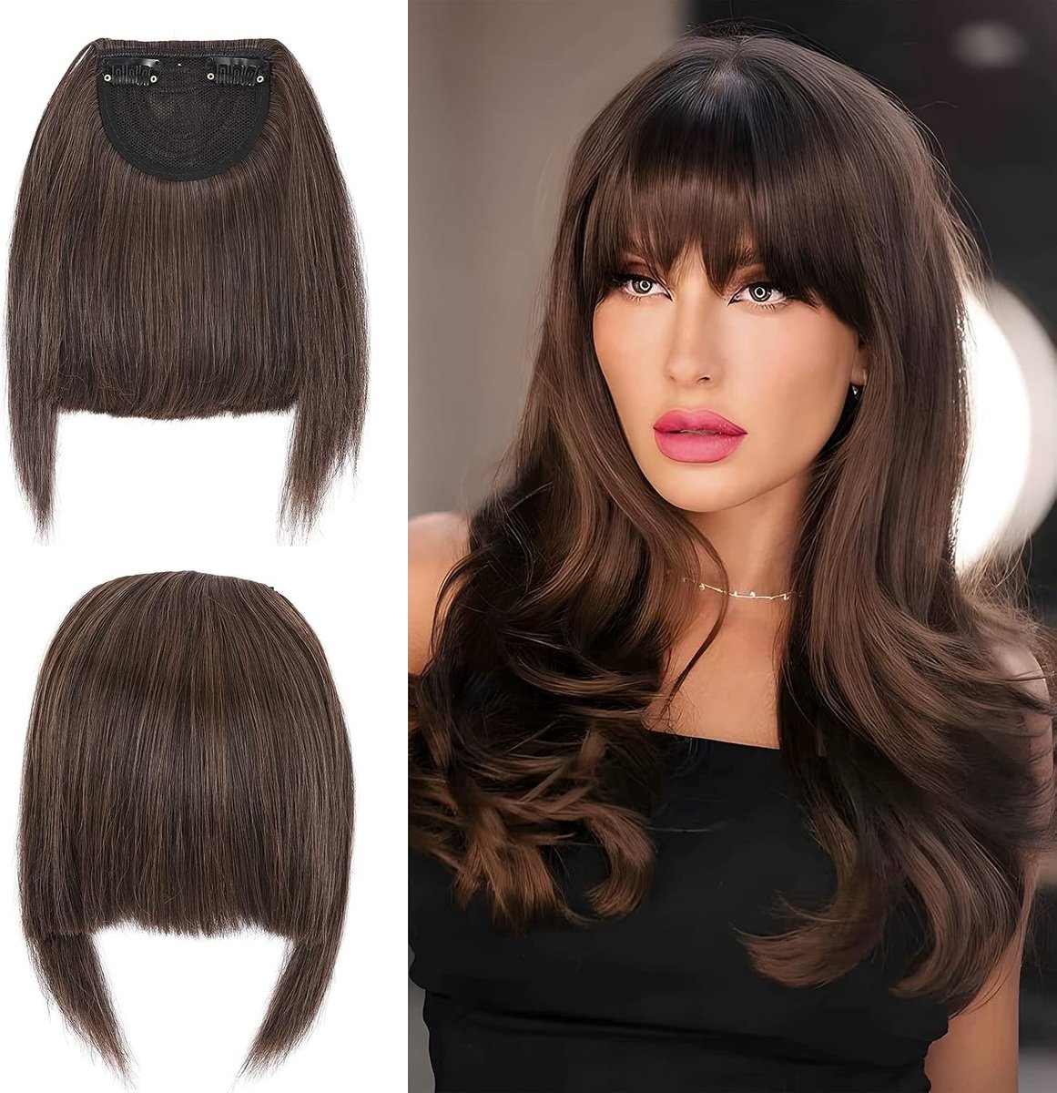 Pony haarstukje van echt haar, clip-in pony, eendelige extensies, franjes, natuurlijke verlenging, 2 clips, natuurlijk zwart/licht koperbruin