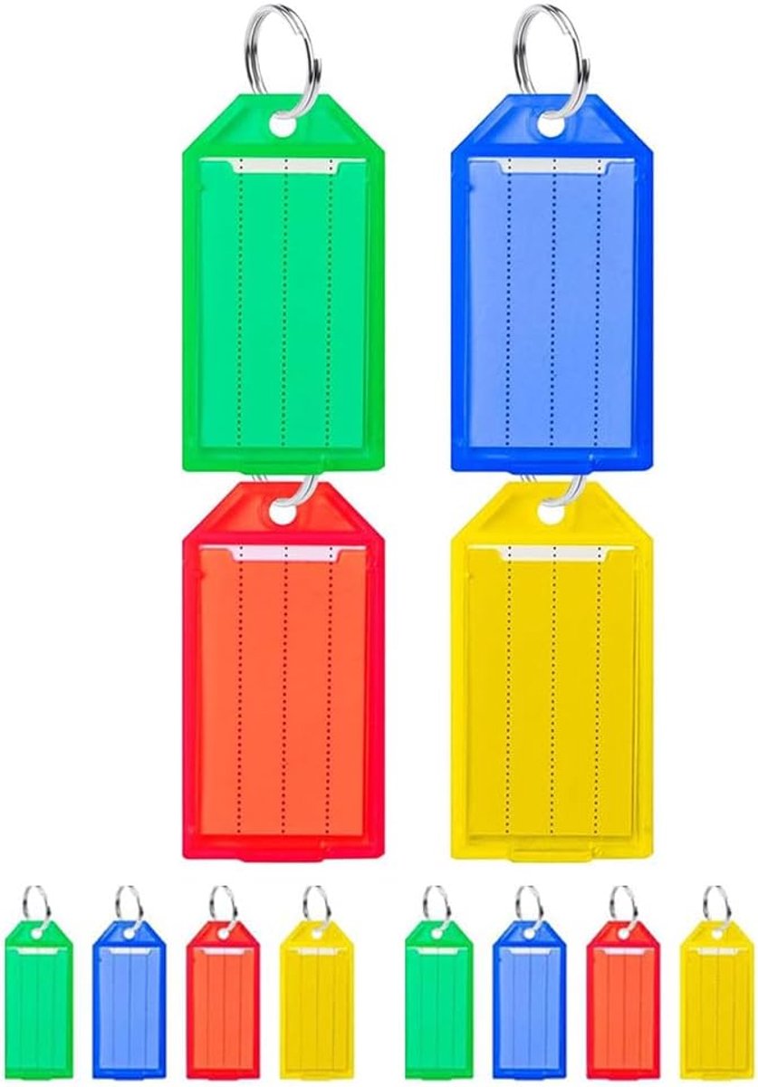 Sleutelhangers van kunststof, 12 stuks, met beschrijfbare etiketten, sleutelhangers, sleutelhangers, sleutelhangers, 4 kleuren, met kunststof doos