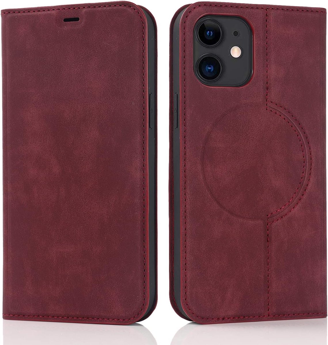 Hoesje voor iPhone 12/iPhone 12 Pro, compatibel met MagSafe, leren hoes, telefoonhoes met RFID-bescherming, flipcase met kaarthouder, standaard, magneet, klaphoes, wijnrood