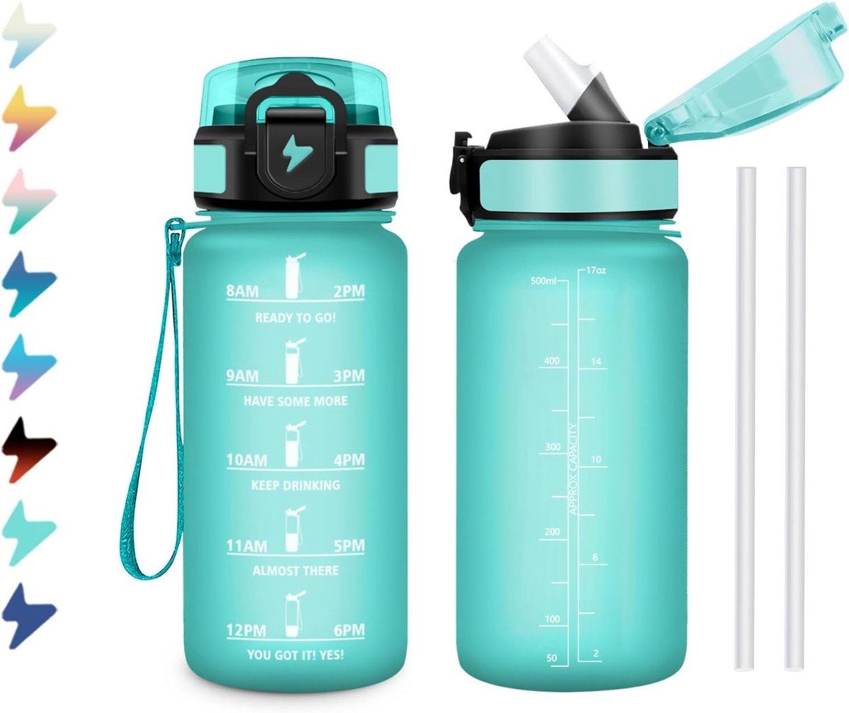Drinkfles voor kinderen, 500 ml, drinkfles met rietje, gemakkelijk te reinigen, lekvrij, herbruikbaar, motiverende waterfles met tijdweergave, voor kantoor, school, kinderen, gym