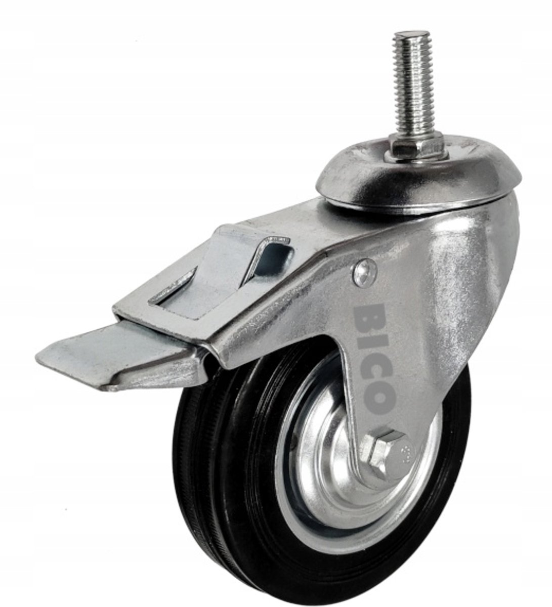 Zwenkwiel met rem M12 x 45mm, Ø100mm, 80kg, metaal/rubber