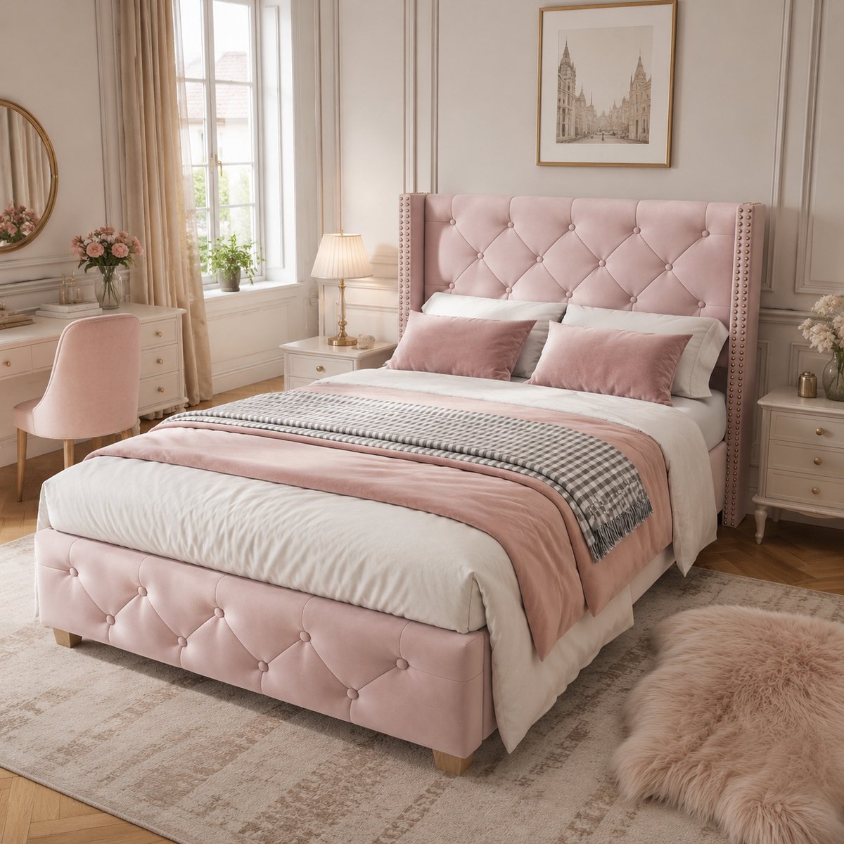 Gestoffeerd bedframe - voor matras 90 x 200 cm - roze - met lattenbodem - matras niet inbegrepen - voor de slaapkamer - dagelijks gebruik