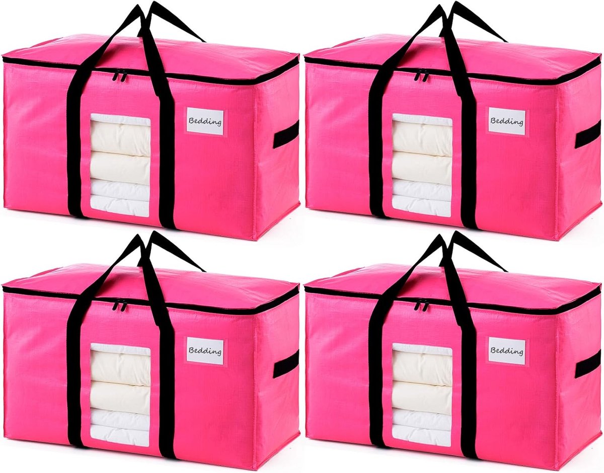 Verhuistassen extra groot - versterkte handgrepen en doorzichtig venster - zware opbergzakken met ritsen voor kleding - beddengoed - dekbedden - reizen - kamperen - verhuizen - loftopslag (4 stuks roze)