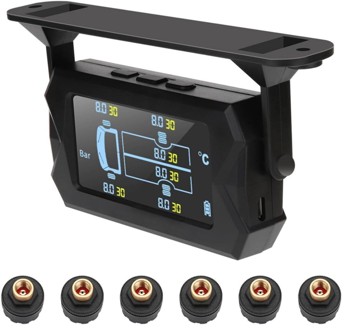 Zonne-energie TPMS Bandenspanningsbewakingssysteem voor 6-Wiel Voertuigen – Externe Sensoren en USB-opladen – IPX7 Waterdichte Technologie