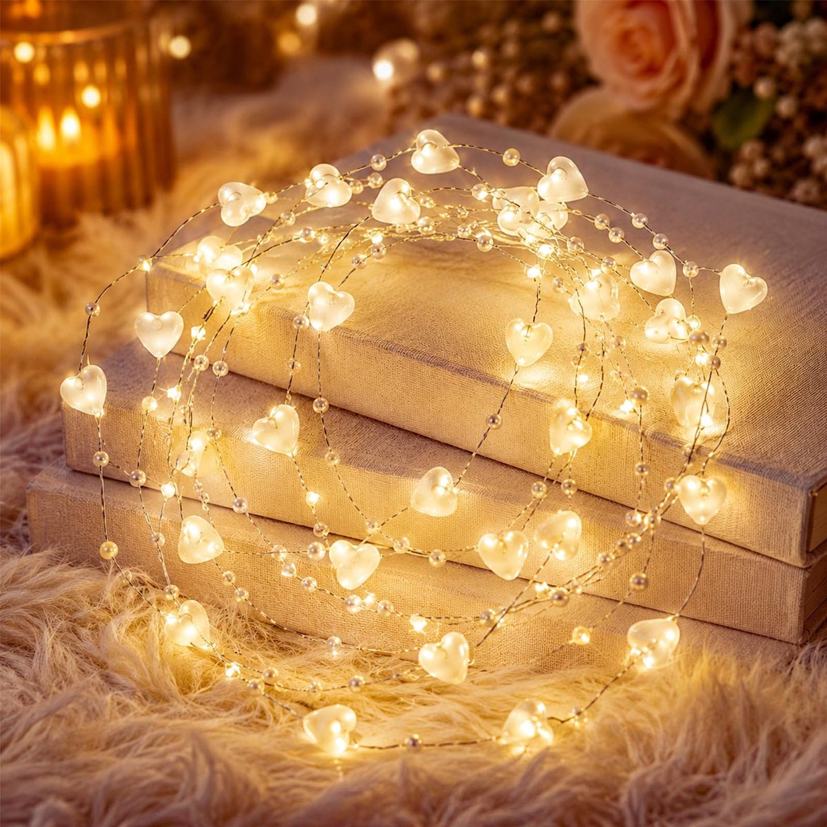 SolidKeus - LED Lichtketting met Parels en Harten, 2 Meter